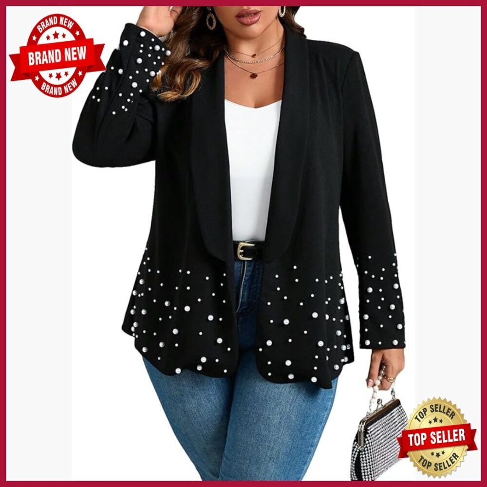 Pearl Trim Blazer Shawl Collar Open Front Long Sleeve Evening Jacket